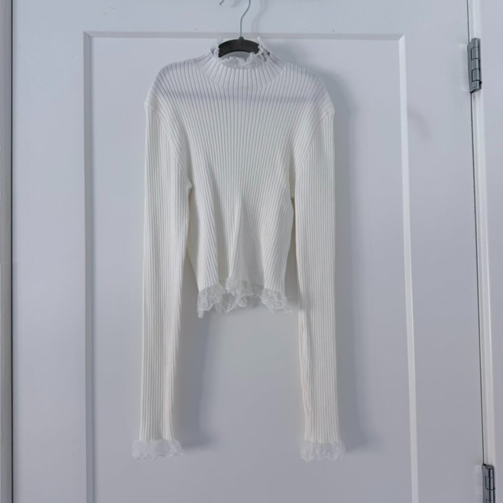 Endless Rose Ribbed Off White Turtleneck with lace Trim, XS